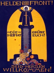 Duitse WWI Poster Helden van het Front, Het Vaderland Groet je! Welkom, uitgegeven 1915