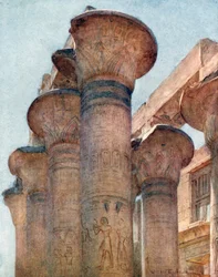 Kapitelen in Hypostyle Hall, Karnak (kleurenlitho)
