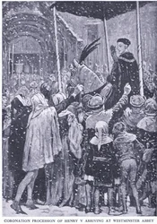 Kroningsprocessie van Hendrik V bij aankomst in Westminster Abbey in 1413, uit Cassell