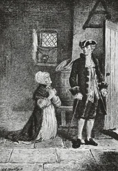 Elspeth en Lord Glenallan, illustratie voor Antiquair, historische roman door Walter Scott (1771-1832), gravure