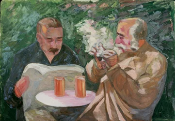 Mannen in een biertuin
