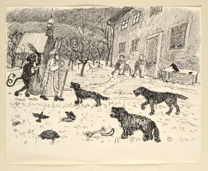 Sinterklaas en Krampus op het platteland met kinderen