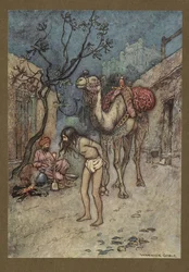 Plaat 16: "De kameeldrijver stapte af, bond de kameel aan de boom op de plek, en begon te roken." Folk-Tales of Bengal ... Met 32 illustraties in kleur door Warwick Goble. (Edition de luxe.). 1914