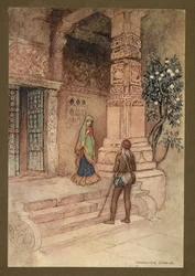 Plaat 1: "De Suo-koningin ging naar de deur met een handvol rijst." uit Volksverhalen van Bengalen ... Met 32 illustraties in kleur door Warwick Goble. (Edition de luxe.)