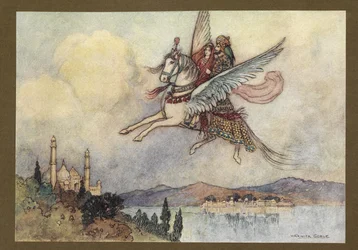 Plaat 20: "De dame, koning en hiraman bereikten allemaal veilig en wel de hoofdstad van de koning", uit Volksverhalen van Bengalen ... Met 32 illustraties in kleur door Warwick Goble (Edition de luxe.)