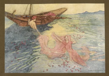 Plaat 22: "Toen ze naar de oppervlakte kwamen, klommen ze in de boot", uit Volksverhalen van Bengalen ... Met 32 illustraties in kleur door Warwick Goble (Edition de luxe.)
