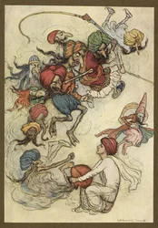 Plaat 4: "In plaats van zoetigheden ongeveer een twintigtal demonen." Volksverhalen van Bengalen ... Met 32 illustraties in kleur door Warwick Goble (Edition de luxe.)