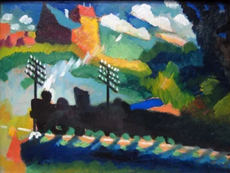 Uitzicht op Murnau met spoorweg en kasteel