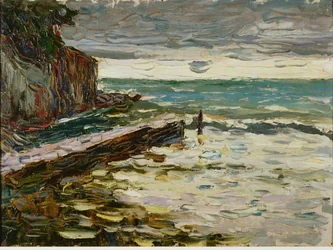 Stormachtige zee. Olieverf op karton/ (schilderij op doek)