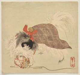 Japanse Chin-hond in een paarse mantel, spelend met een zijden draadbal