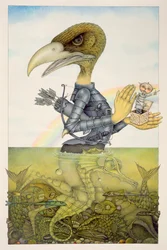 Pantservogel op zeepaard (potlood en kleurpotlood op papier) (paar 150071)