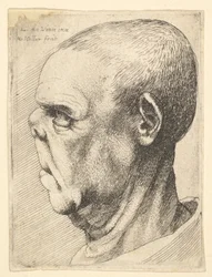Groteske oude man met afgeplatte neus, in profiel naar links, 1625-77