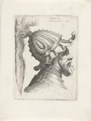 Hoofd van een man met gepluimde helm