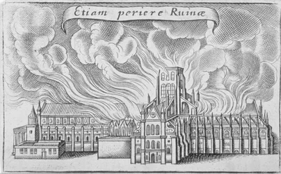 De oude St Paul’s Cathedral brandend tijdens de Grote Brand van Londen, 1666