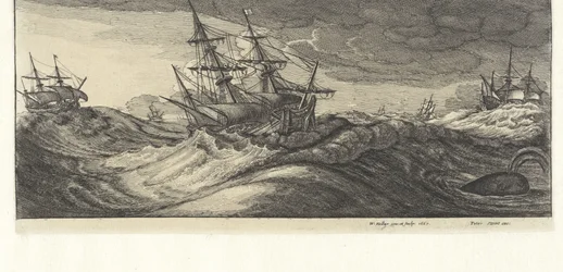 Oorlogsschepen en een walvis in een zeestorm