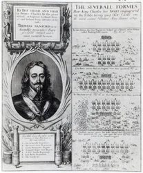 Portret van koning Karel I met diagrammen van de formatie van zijn troepen tijdens de Bisschoppenoorlog, ca. 1639