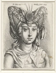 Portret van vrouw met V-vormige bourrelet op het hoofd