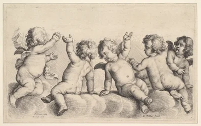 Drie cherubijnen en twee jongens op wolken