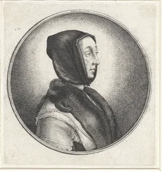 Vrouw met zwarte hoofddoek en stola van bont; Medaillons met vrouwenbusten (series title)