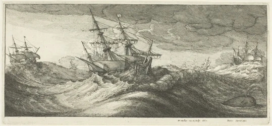 Oorlogsschepen en een spuitende walvis