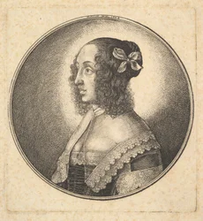 Vrouw met donker haar en een strik in profiel naar links