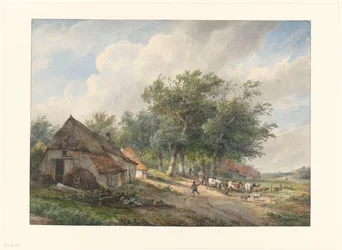 Landschap met boerderijen en vee