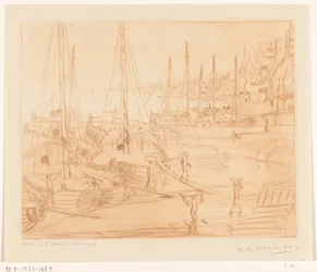 Afgemeerde schepen aan de oever van de Ganges in Benares - Schepen lossen II (oorspronkelijke titel)