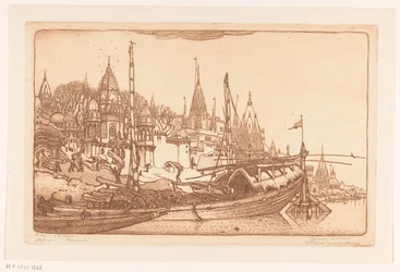 Schip met brandhout aan de oever van de Ganges in Benares