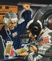 Diner in de ruimte (gouache op papier)