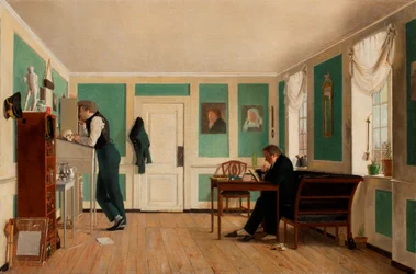 Interieur van Amaliegade. Kapitein Carl Ludvig Bendz staand en Dr. Jacob Christian Bendz zittend