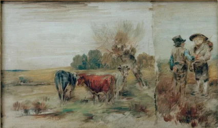 Dubbelbeeld: Koeien in de wei, twee boeren in gesprek