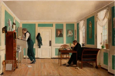 Interieur van Amaliegade, Kapitein Carl Ludvig Bendz staand en Dr. Jacob Christian Bendz zittend