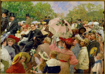 De Weense burgemeester Karl Lueger rijdt in zijn koets tijdens het bloemencorso in de Weense Prater ...