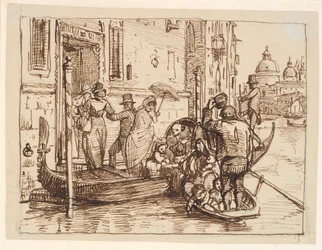 Uitstappen uit een gondel in Canal Grande in Venetië. Op de achtergrond Santa Maria delle Salute