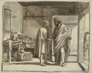De barmhartige Samaritaan betaalt de herbergier