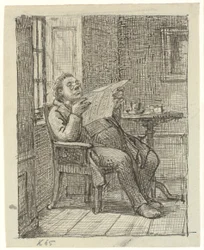 Een dikke krantlezende heer met zijn koffie