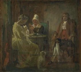 Bezoek van de vrijer. Kostuums uit de tijd van Holberg