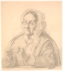 Oude dame die een naald inrijgt