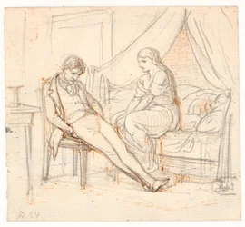 Interieur met sombere jonge man en een meisje op een bed