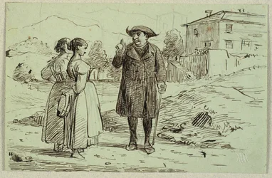 Italiaans tafereel met twee vrouwen en een pater