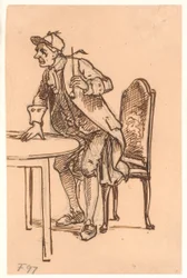 Man met pet en pijp staat op (discussie?) aan een tafel