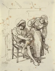 Meisje kijkt naar een jonge visser die op een stoel zit