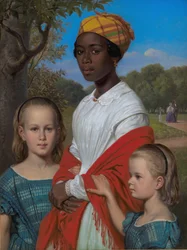 Portret van Otto Marstrands twee dochters en hun West-Indische nanny, Justina Antoine, in de Frederiksberg Tuinen bij Kopenhagen