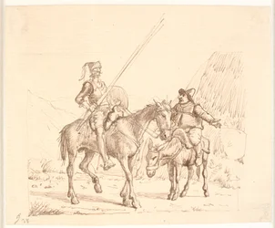 Sancho op de ezel legt Don Quichot iets uit
