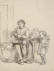 Twee kinderen en een vrouw schillen aardappelen