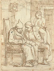 Twee mannen in gesprek, de oude links met een slaapmuts. Ook een vrouw