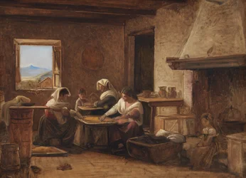 Vrouwen werken in de keuken van een boerderij nabij Olevano, Italië