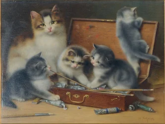 Moederpoes en haar kittens spelen in een verfdoos
