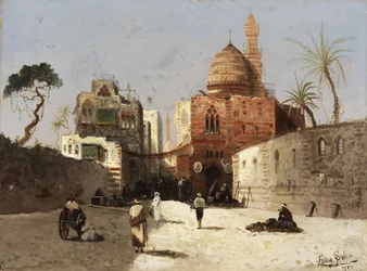 Oriëntaalse Straatscène met Moskee, Minaret en Handelaren op een Voorplein