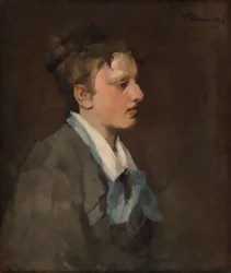 Brusselse vrouw met blauwe stropdas